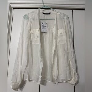Zara Woman Sheer Button Up Front Tie Blouse Size Medium